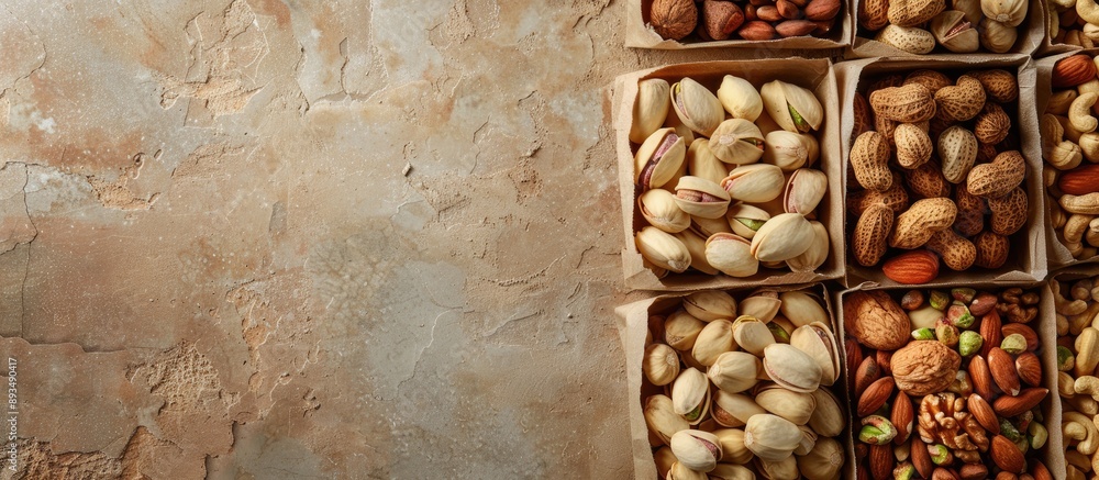 Fototapete Assorted nuts displayed in a paper box on a table backdrop Close up view with copy space image for walnut pistachios almonds hazelnuts and cashews