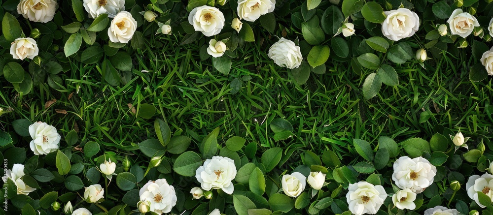Fototapete top view of spring white roses on green grass set against a white background with room for text idea