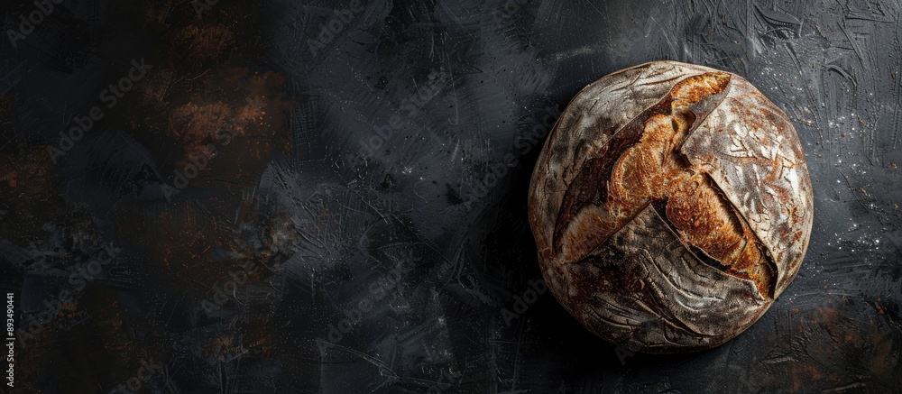Poster A top down photo of a crusty sourdough loaf on a dark backdrop with space for text or design elements ideal as a food related copy space image