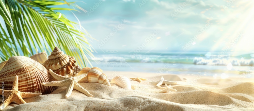 Poster Summer beach with sea shells starfish and palm creating a tranquil scene on a sand background to enhance the copy space image
