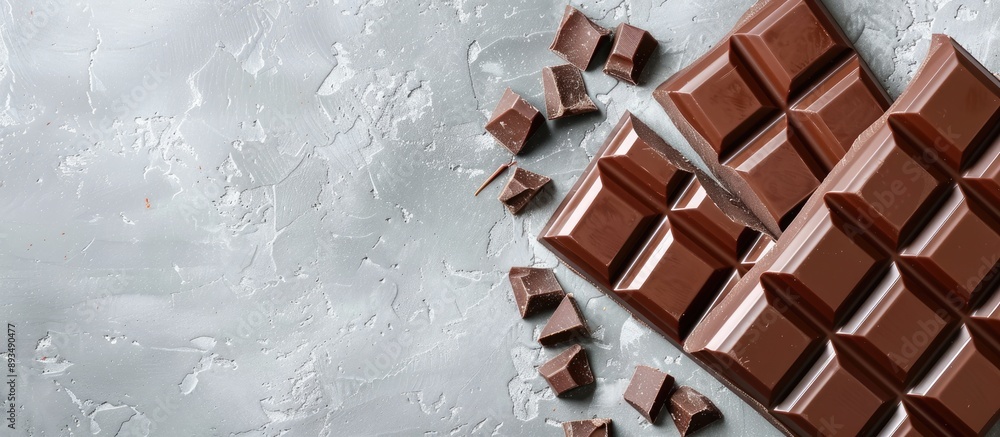 Poster Flat lay of tasty milk chocolate bars on a gray table with a spacious area for text within the image. copy space available