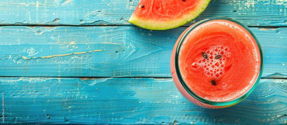 Poster stay refreshed in summer with a cooling watermelon juice smoothie on a blue wooden backdrop perfect 