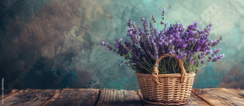 Aufkleber a rustic bouquet of lavender arranged in a basket on a wooden table offers a romantic ambiance with 