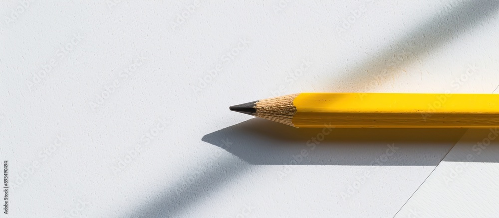 Aufkleber Minimalist and clean presentation template featuring a close up top view photo of a wooden yellow pencil on white paper with a smooth shadow created by flash light Copy space image included