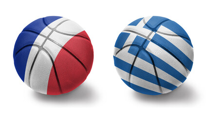 basketball balls with the national flags of greece and france on the white background.