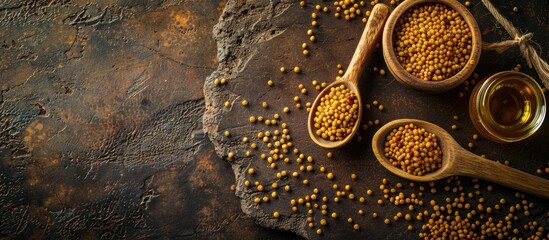Aerial view of pollen in a wooden spoon and pollen liquid displayed on a table with ample copy space image available