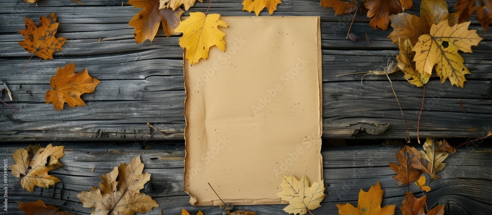 Poster autumn themed composition with a blank paper yellow leaves on a wooden surface suitable for text aut