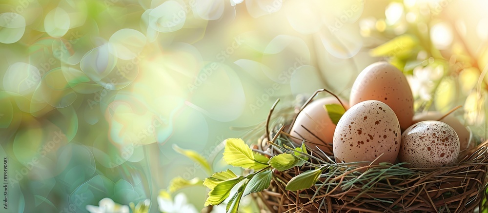 Poster Eggs in a basket with a background perfect for adding your own content creating a copy space image