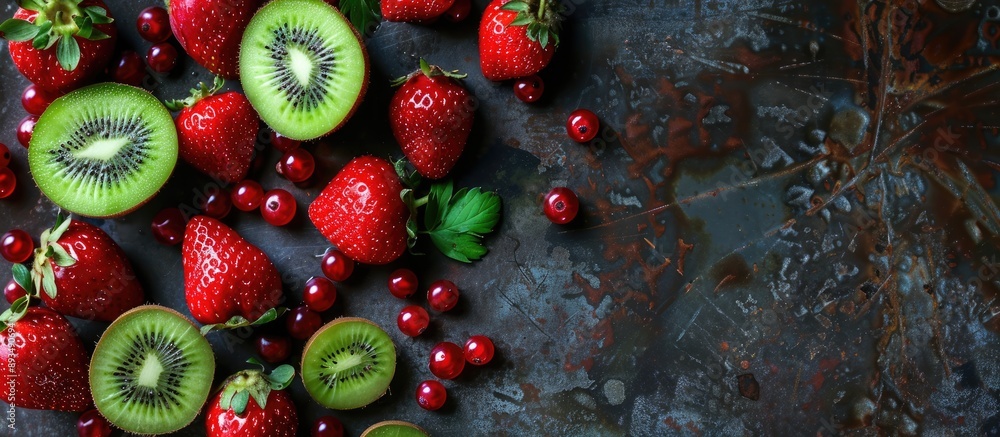 Poster Red strawberries and green kiwi beautifully arranged on a dark metallic backdrop along with sliced kiwi and red berries displayed on a vintage background depicting a vegetarian dish in a top view wit