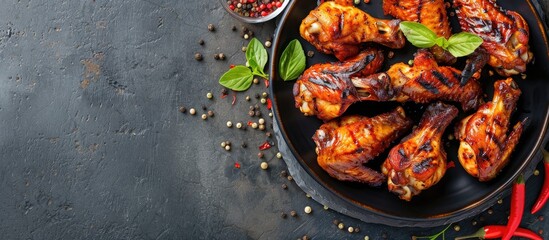 Plate of grilled chicken wings with spices on a stone background ideal for adding text with copy space image