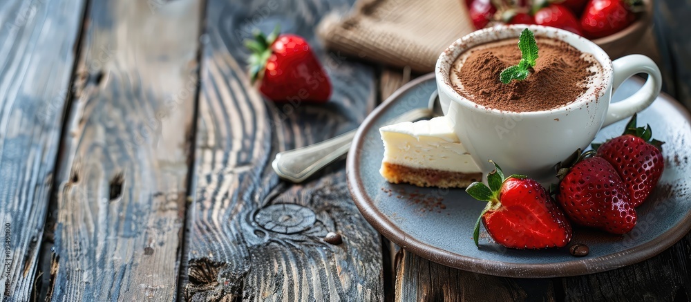 Fototapete Coffee and cheesecake with strawberries on a wooden background ideal for adding text over for social media or a menu as it features copy space image