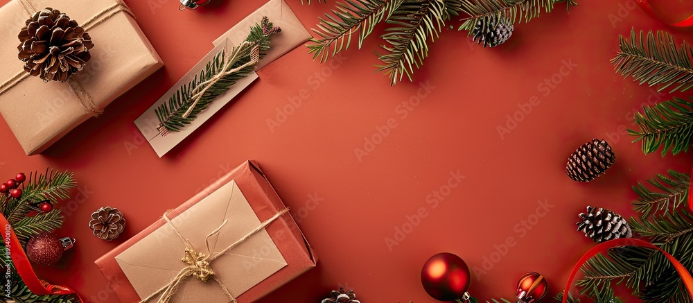 Poster Brown background with a gift box and envelope creating a festive theme for occasions like anniversaries and Christmas The setup offers a flat lay with a top view and generous copy space image