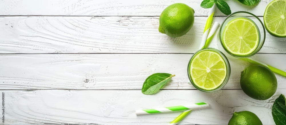 Poster High angle shot of lime juice with a straw on a white wooden surface with a focused view Room for adding text or images in the picture. copy space available
