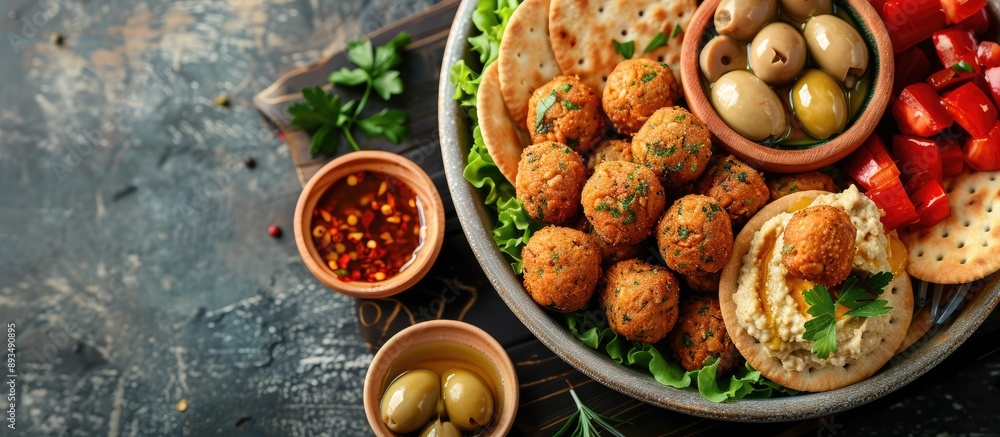 Poster Top view of a falafel platter displayed with hummus olives crackers and vegetables demonstrating a mindful vegan food idea in a copy space image