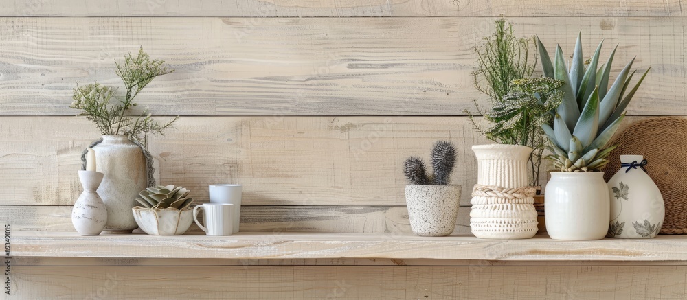 Poster wooden shelf with home decor items on a light wood background ideal for use as a banner with copy sp