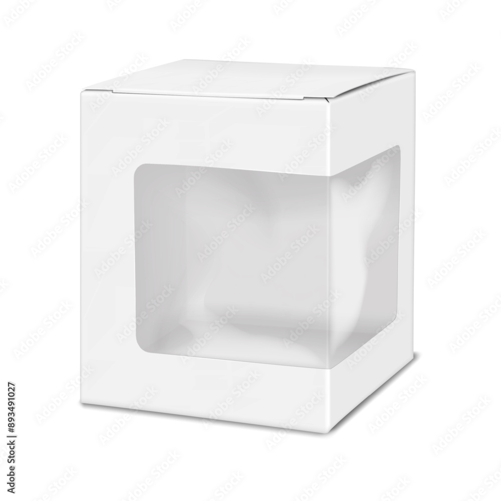 Wall mural white blank square paper box with plastic window. realistic 3d vector mock-up. windowed cardboard gi