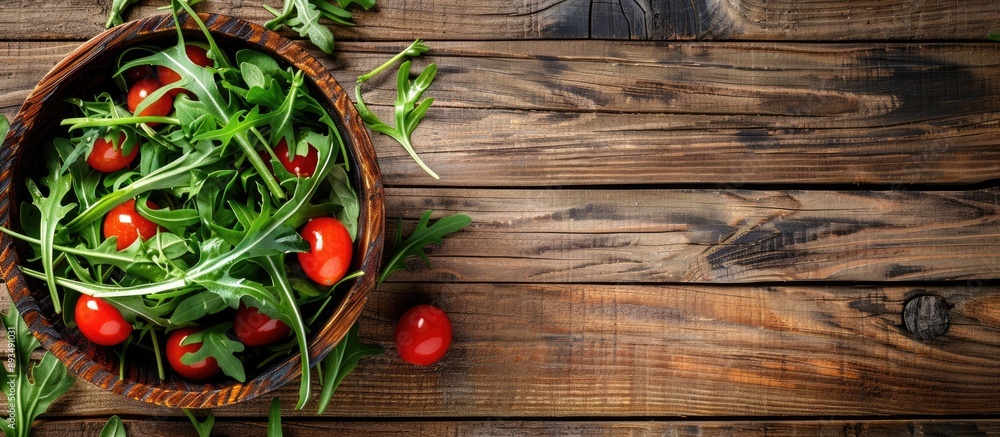 Poster wooden table with salad featuring arugula and cherry tomatoes with copy space image