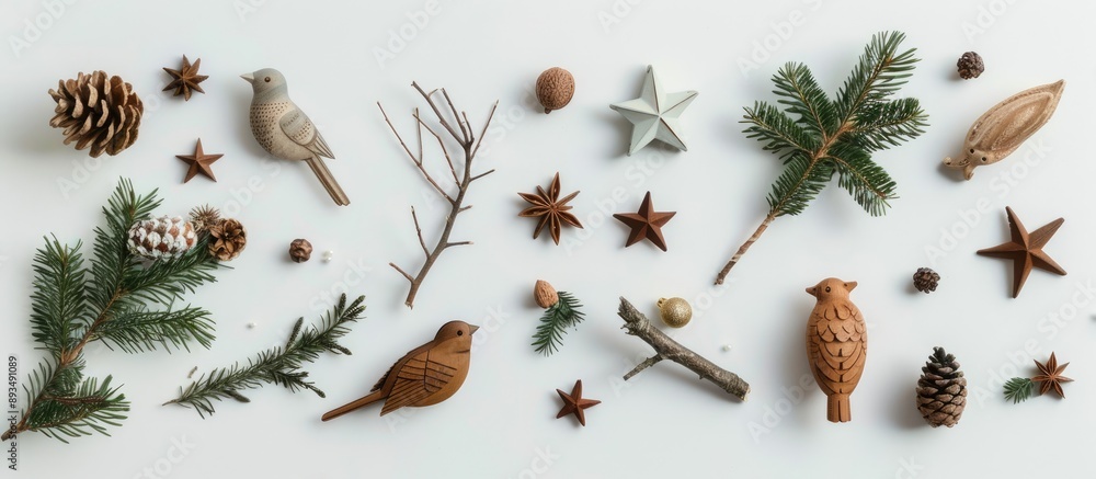 Poster Minimalistic top down view of a festive flat lay for New Year and Christmas featuring items like fir branches stars and wooden bird figurines set against a light background with spacious copyspace im