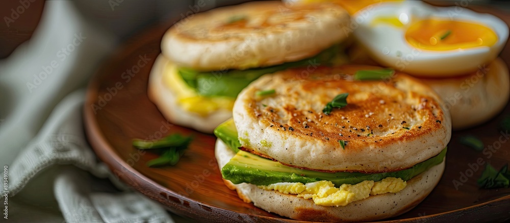 Poster copy space image featuring a breakfast concept with fresh homemade english muffins topped with avoca