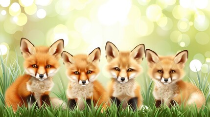 Four red foxes stand in a group, partially hidden by lush greenery, with their heads turned to look off-camera