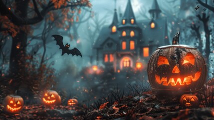 Spooky Halloween Banner with jack o lantern and old house