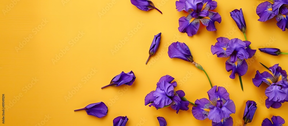 Poster top view of purple irises set against a yellow background ideal for greeting card designs with room 