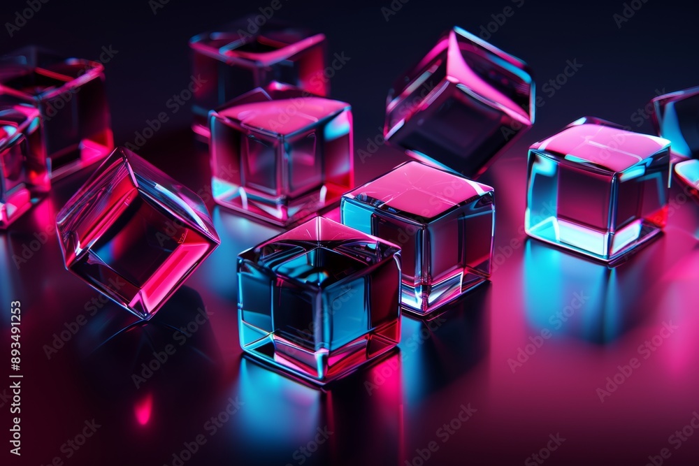 Poster in this abstract background created with generative ai technology, colorful glowing geometric shapes