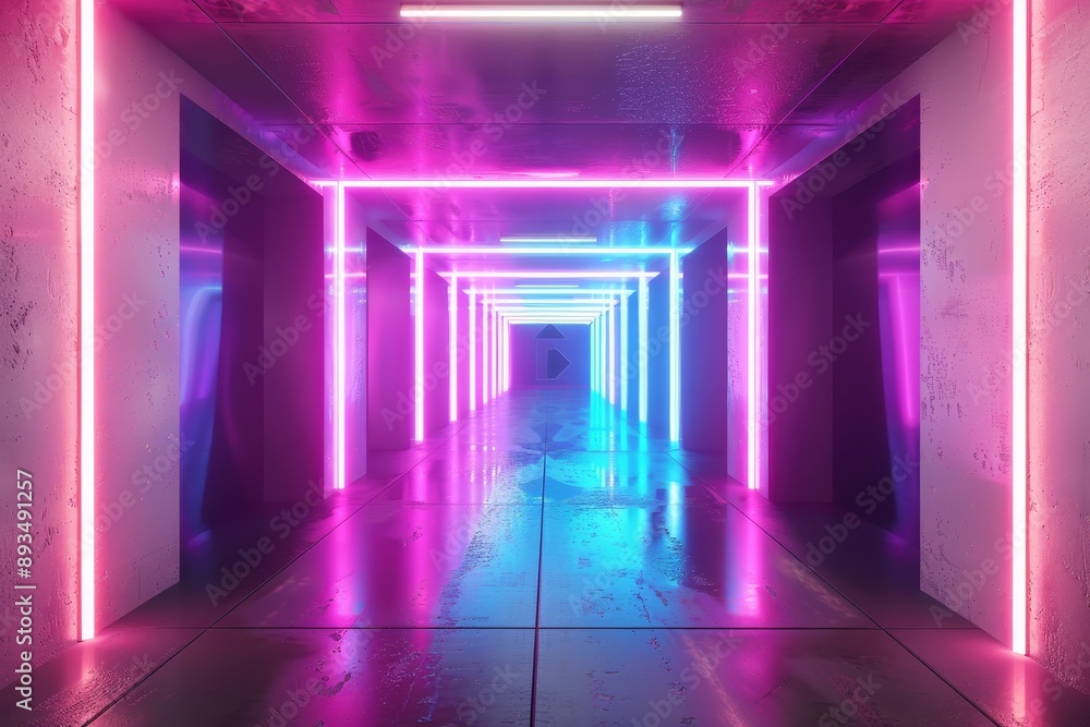 Poster with generative ai technology, an abstract tunnel with bright neon lights was created