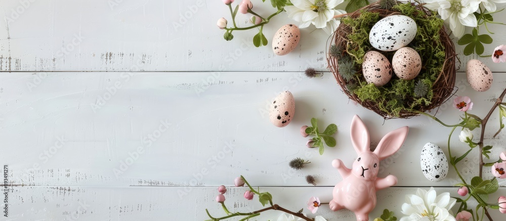 Poster top view of an easter themed banner arrangement featuring flowers a nest with speckled eggs and moss