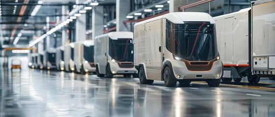 Fleet of autonomous delivery trucks operating in a modern logistics hub with a focus on efficiency and technology integration
