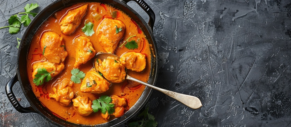 Poster Top view of a delectable chicken curry in a frying pan with a spoon set on a grey table providing ample copy space image