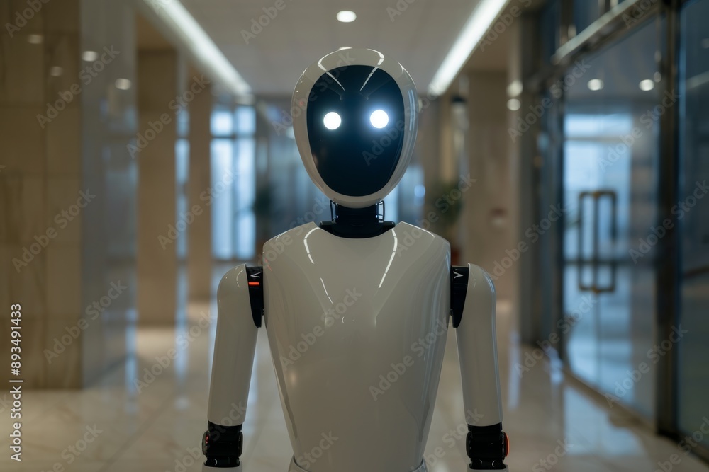 Poster the image shows a futuristic smart robot with bright eyes standing against a bright and dark backgro