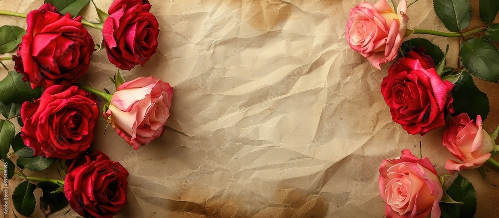 Aufkleber Beautiful display of red and pink roses on vintage paper with an empty space for adding a personalized touch ideal for a copy space image