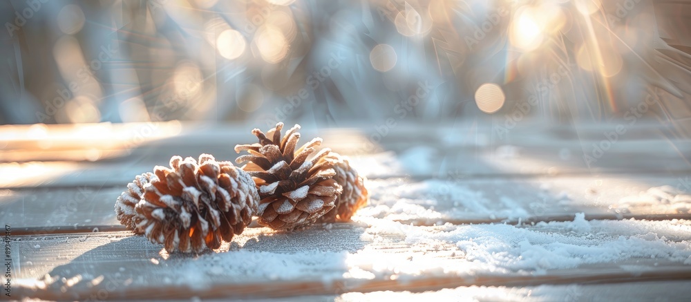 Aufkleber Rustic white wooden table adorned with snowy pine cones and a sunlit shadow creating a Christmas themed copy space image