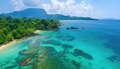 Fototapeta premium This is an aerial view of a stunning tropical beach featuring mountains, water, and lush greenery
