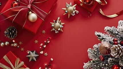 Festive decorations including chic tree embellishments, gift boxes, and glimmering stars on a red surface