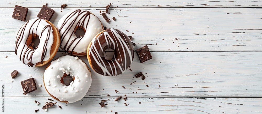 Poster delicious donuts with icing and chocolate bites on a white wooden backdrop perfect for a copy space 