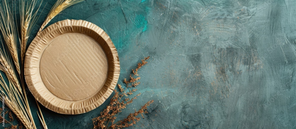 Aufkleber eco friendly food utensils cardboard plate and dry grass on a two tone background in a top down copy
