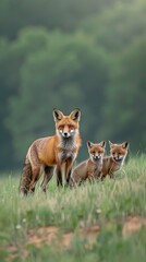 Fototapeta premium Four red foxes stand in a group, partially hidden by lush greenery, with their heads turned to look off-camera