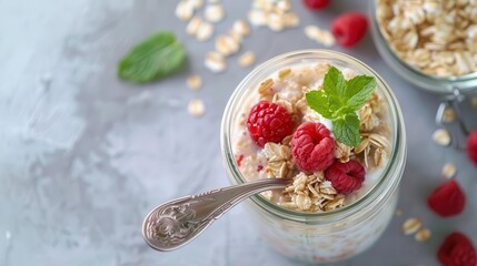 A jar of overnight oats with a spoon, Overnight oats jar, prepared and healthy