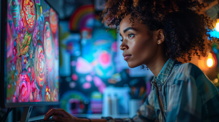 dedicated digital artist working in a colorful studio, creating vibrant illustrations on screen, focused on creativity and innovation