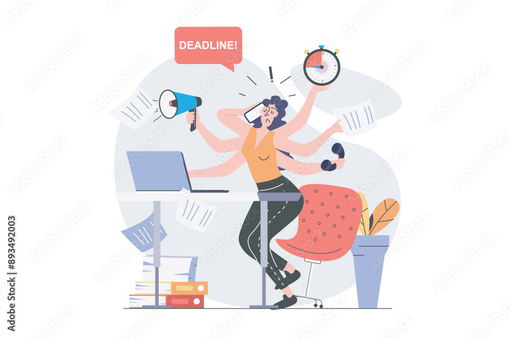 Aufkleber Multitasking concept in modern flat design for web. Woman employee doing paperwork and trying hurry to time, getting many tasks, making processes organization with hour timeline. Vector illustration.