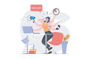 Multitasking concept in modern flat design for web. Woman employee doing paperwork and trying hurry to time, getting many tasks, making processes organization with hour timeline. Vector illustration.