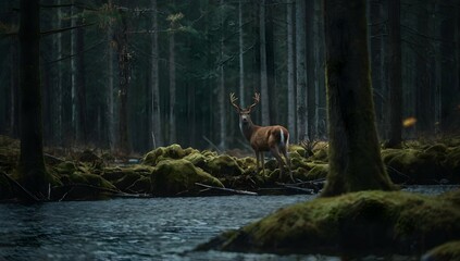 minimal, cinematic, a deer among the trees, forest lake, moss, cold weather, dark teal and amber, Sony A7 IV, telephoto shot