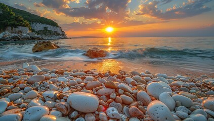 Obraz premium Golden Hour Sunset on a Pebble Beach