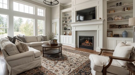 A stylish transitional living room with a fireplace