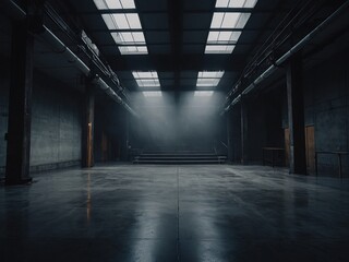 Dark room studio with foggy concrete floor