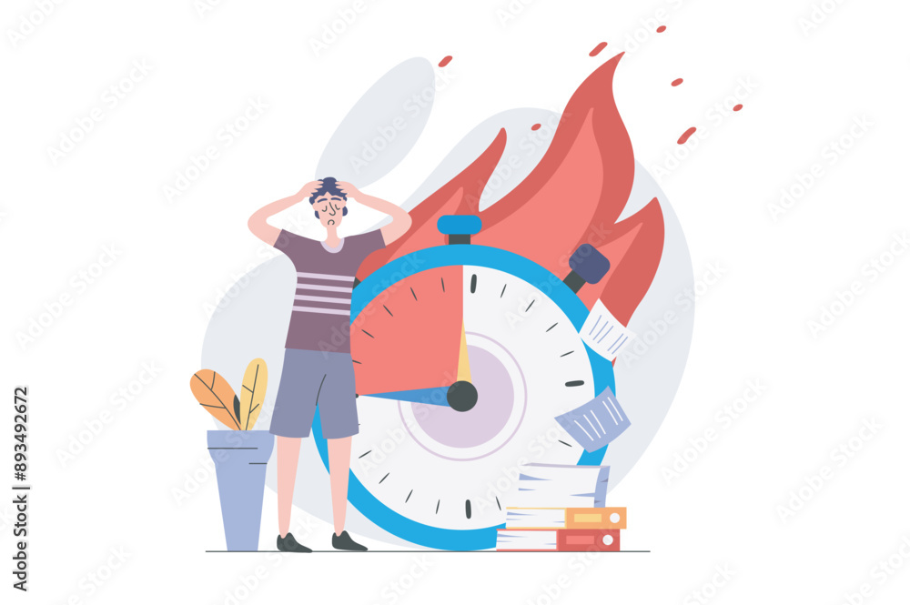 Poster deadline concept in modern flat design for web. overworked employee trying hurry to time and doing m