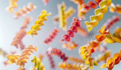 Colourful Tri Colour Fusilli Rotini spiral pasta falling dropping down on light background. Copy space.
