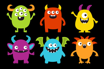 Monster set. Happy Halloween. Cute kawaii cartoon funny baby character icon. Colorful silhouette. Horns, wings, fang teeth, eyes. Sticker print. Childish style. Flat design. Black background. Vector